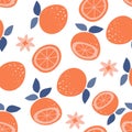 vector illustration seamless repeating pattern with hand drawn oranges and flowers. tropical summer background Royalty Free Stock Photo